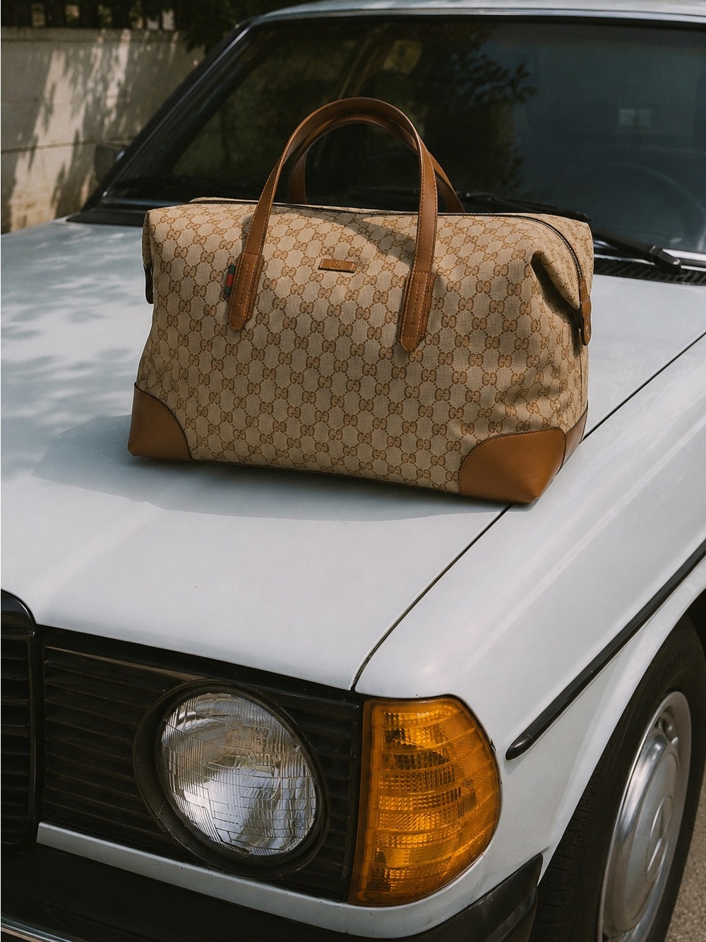 Gucci Beige GG Supreme Canvas Duffel with Brown Leather Trim